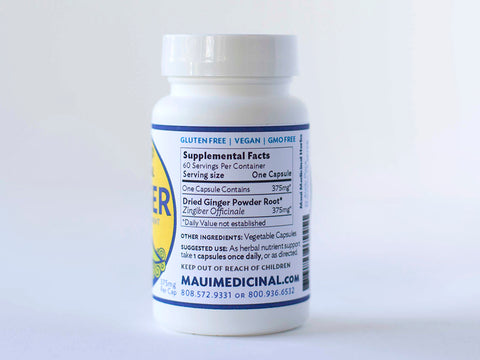 GINGER ROOT 60 Veggie Capsules - 375 mg per capsule "Hawaiian Grown"